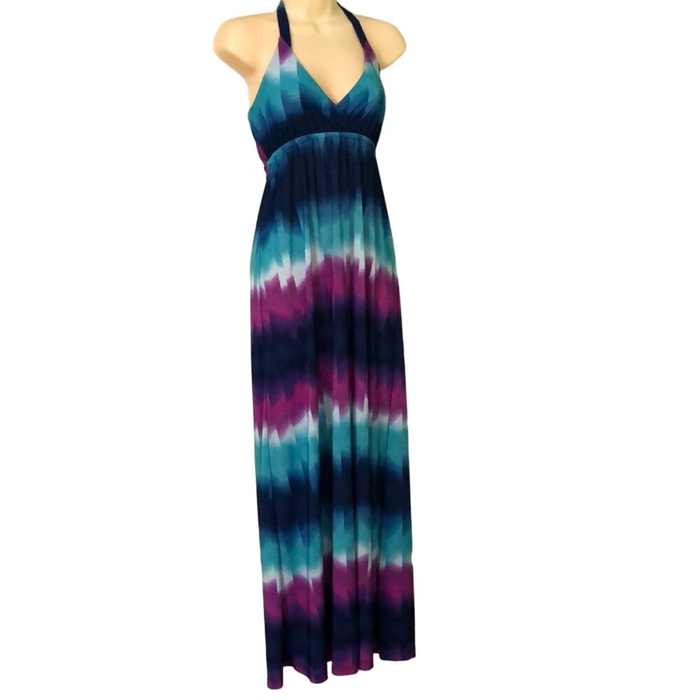 Multicolor Ombre Flame print slinky knit maxi halter dress Woman XS Long Beach